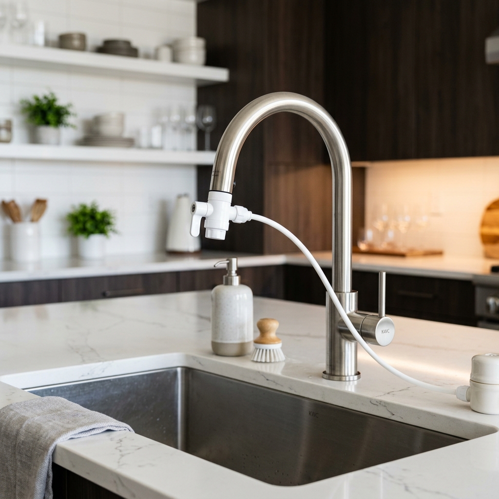 Bright luxury European kitchen with White-Label water purification device connected safely to tap and glass of crystal clear drinking water