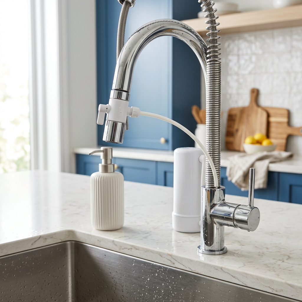 Sophisticated White-Label under-sink water filtration unit seamlessly integrated next to kitchen tap